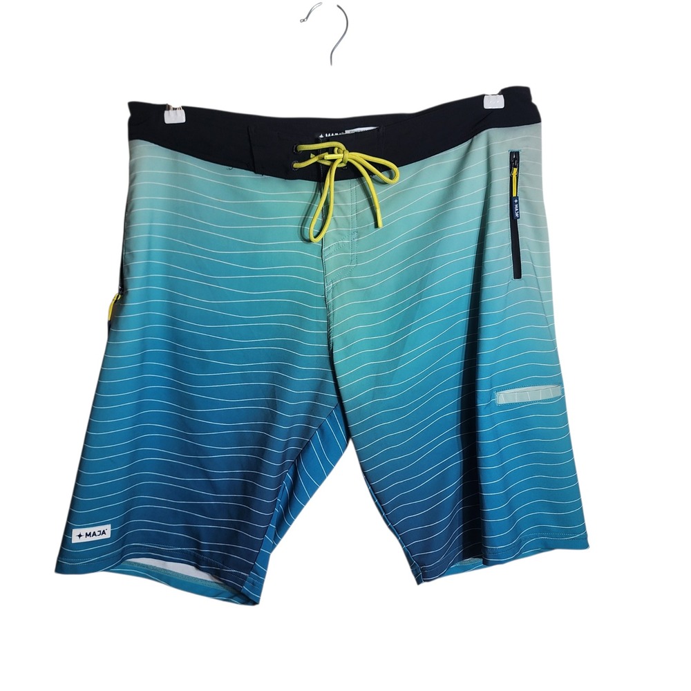 MAJA Sportswear Mens Blue Ombre Wavy Stripe Board Shorts Swim Trunks Size 34